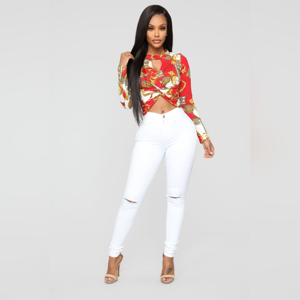 Fashion Nova Isabella Mock Neck Top, Red & White, Size Small